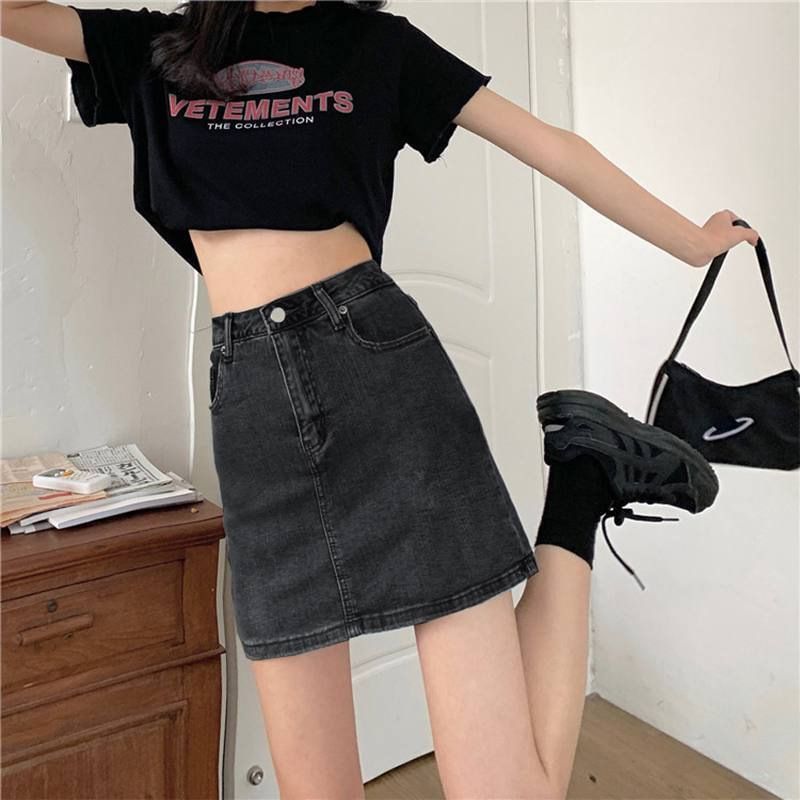 Faded Denim A-Line Mini Skirt with Elevated Waistline