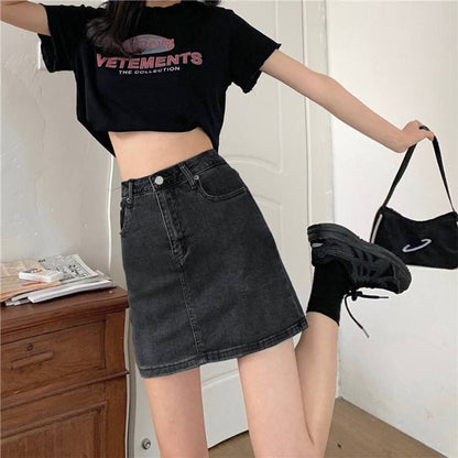 Faded Denim A-Line Mini Skirt with Elevated Waistline
