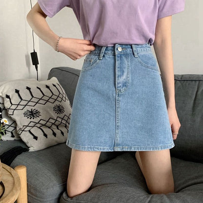 Faded Denim A-Line Mini Skirt with Elevated Waistline