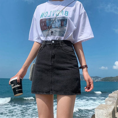 Faded Denim A-Line Mini Skirt with Elevated Waistline