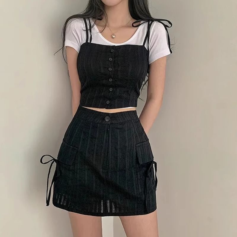 Button-Up Crop Camisole Top with High-Waist Mini Pencil Skirt Set
