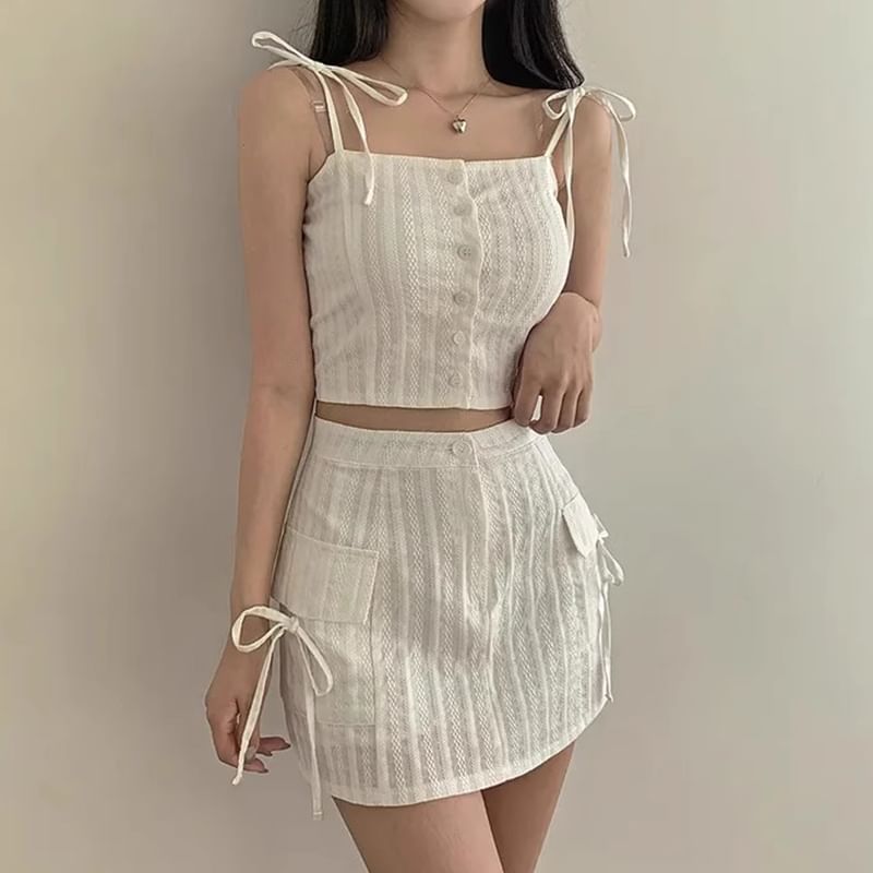 Button-Up Crop Camisole Top with High-Waist Mini Pencil Skirt Set