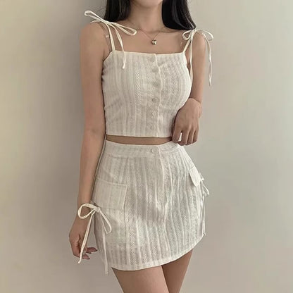 Button-Up Crop Camisole Top with High-Waist Mini Pencil Skirt Set