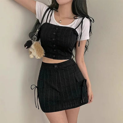 Button-Up Crop Camisole Top with High-Waist Mini Pencil Skirt Set