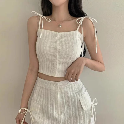 Button-Up Crop Camisole Top with High-Waist Mini Pencil Skirt Set