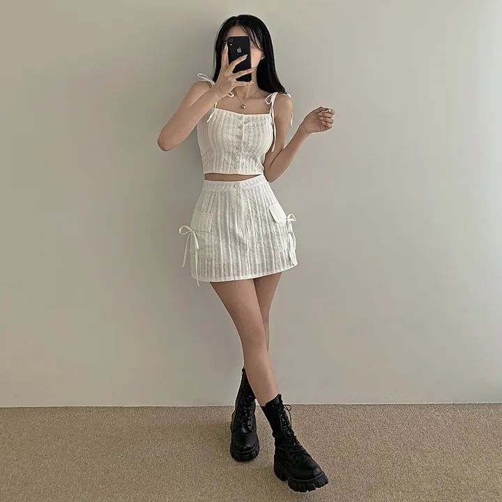 Button-Up Crop Camisole Top with High-Waist Mini Pencil Skirt Set