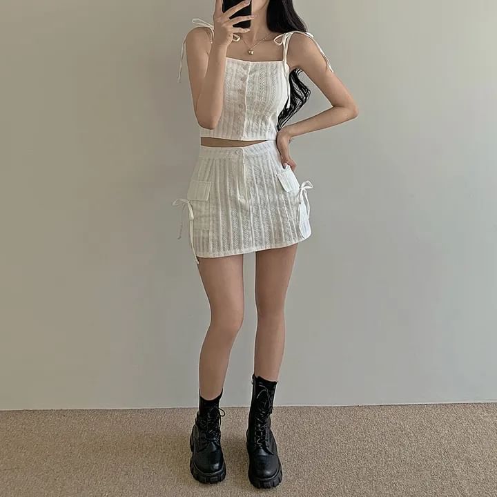 Button-Up Crop Camisole Top with High-Waist Mini Pencil Skirt Set