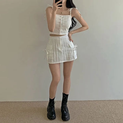Button-Up Crop Camisole Top with High-Waist Mini Pencil Skirt Set
