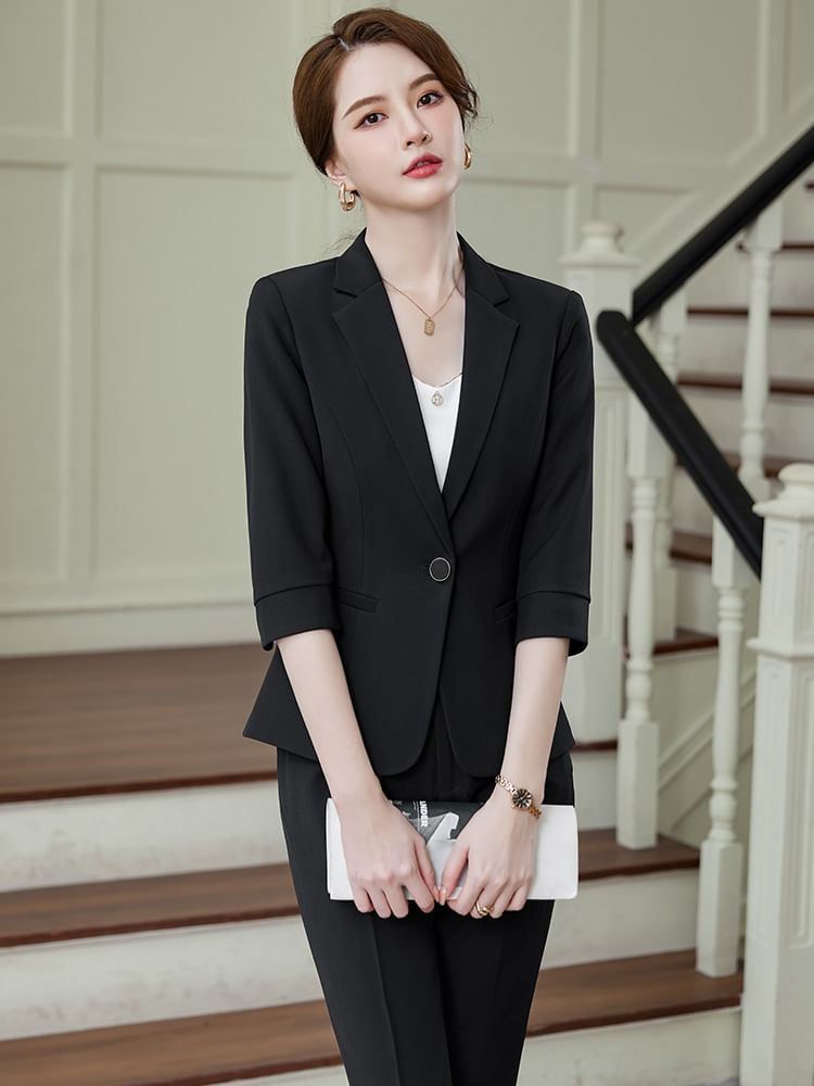 Lapel Collar Blazer with Mini Pencil Skirt and Cropped Straight Pants Set