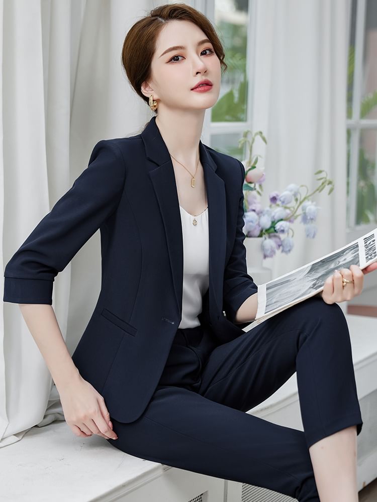 Lapel Collar Blazer with Mini Pencil Skirt and Cropped Straight Pants Set