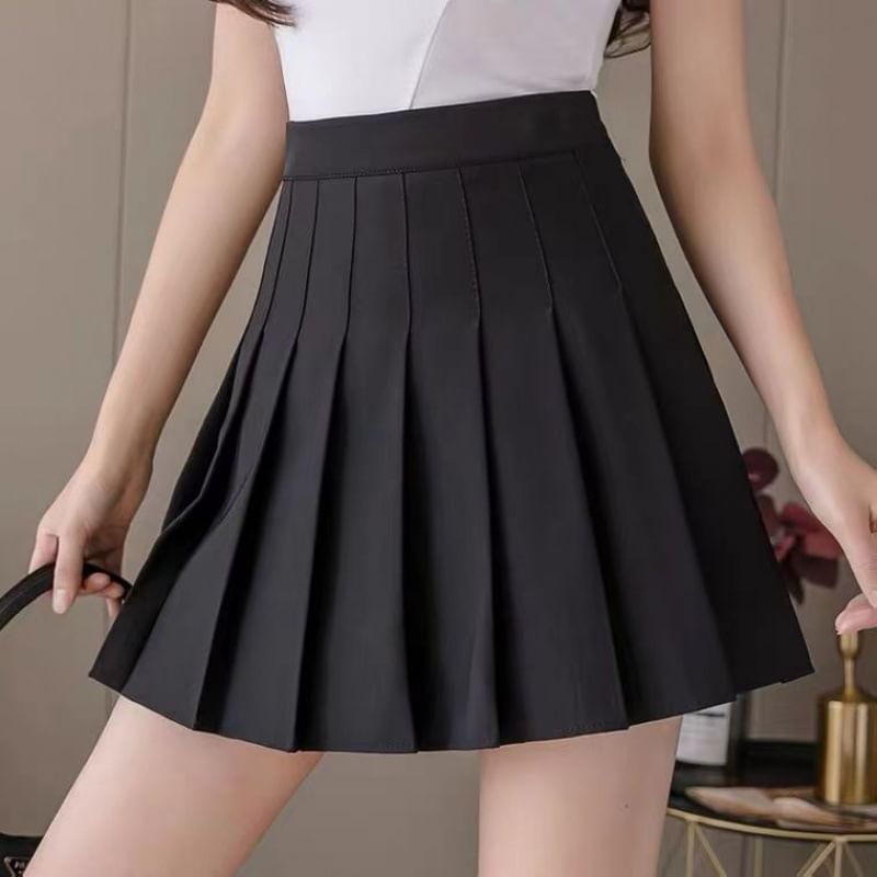 Plain High-Waist Pleated Mini Skirt