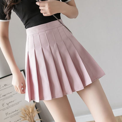Plain High-Waist Pleated Mini Skirt