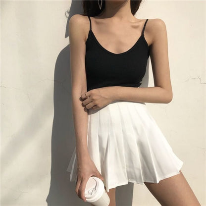 Plain High-Waist Pleated Mini Skirt