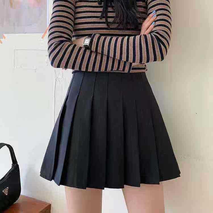 Plain High-Waist Pleated Mini Skirt