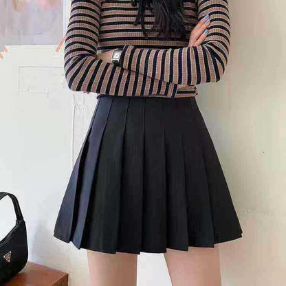 Plain High-Waist Pleated Mini Skirt