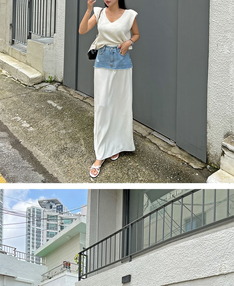 Distressed Washed Denim Panel Maxi Pencil Skirt with High Rise