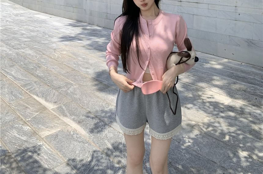 Crop Cardigan, Lace Trim Shorts & Cami Top Set