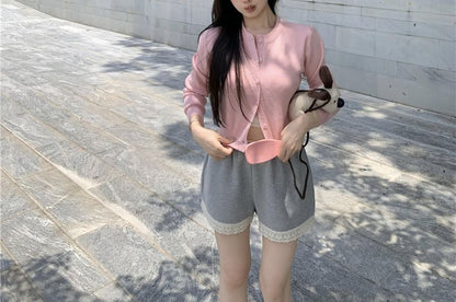 Crop Cardigan, Lace Trim Shorts & Cami Top Set