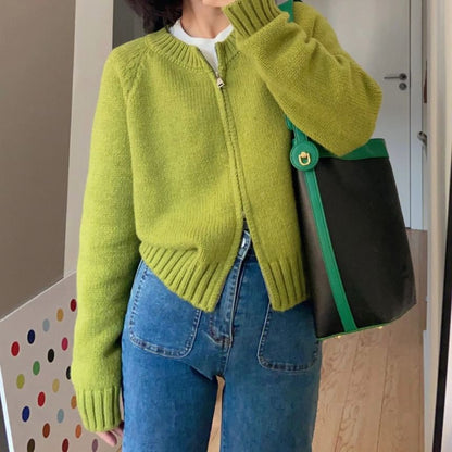 Crewneck Zip-Up Cardigan