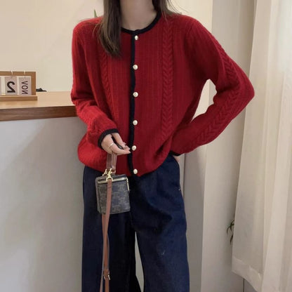 Round Neck Contrast Trim Cable Knit Cardigan