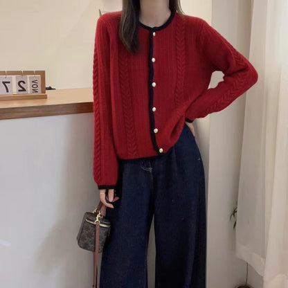 Round Neck Contrast Trim Cable Knit Cardigan
