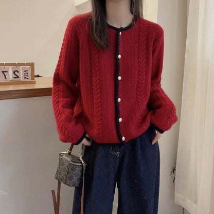 Round Neck Contrast Trim Cable Knit Cardigan