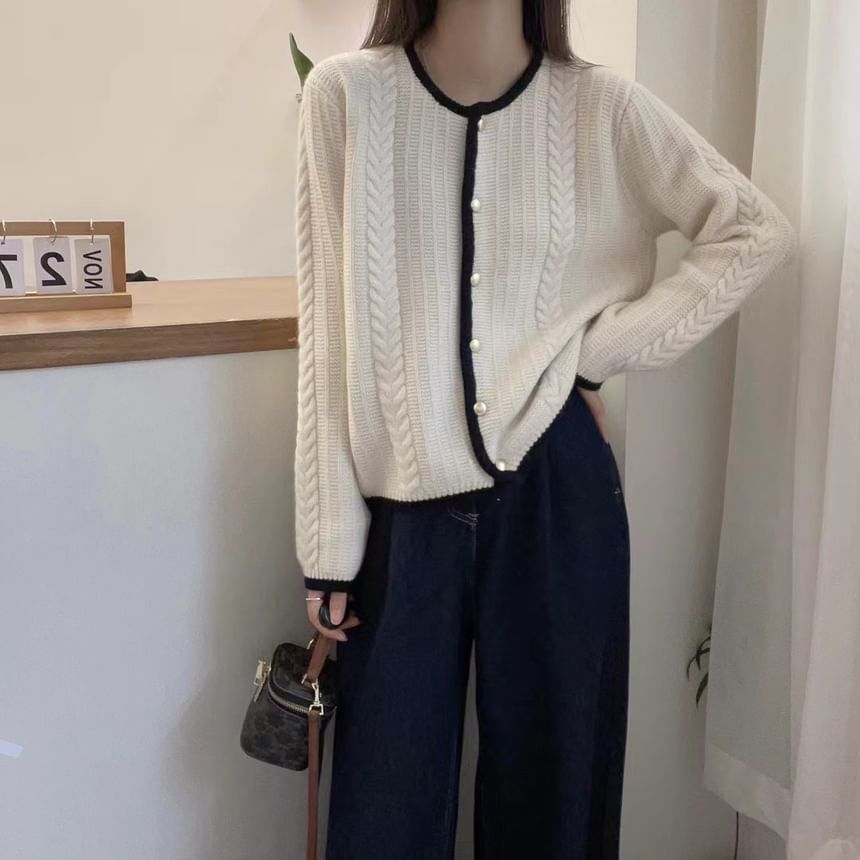 Round Neck Contrast Trim Cable Knit Cardigan