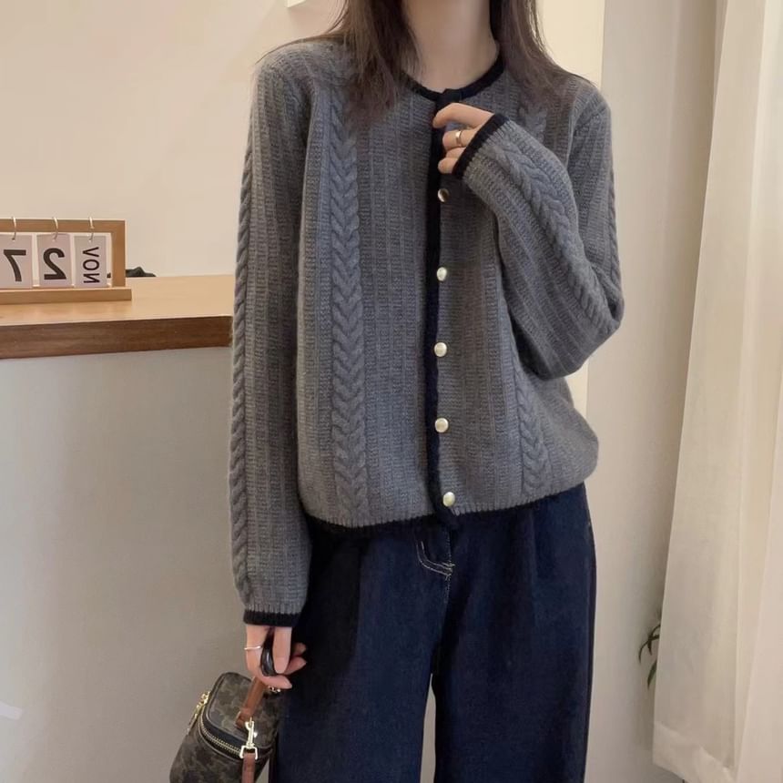 Round Neck Contrast Trim Cable Knit Cardigan