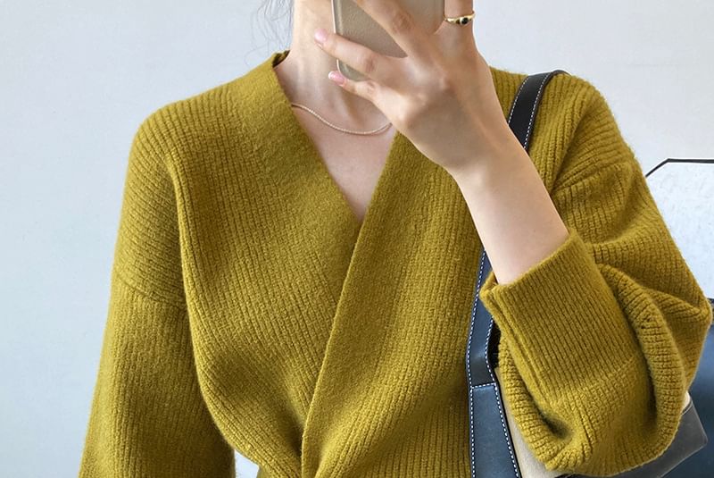 Ribbed V-Neck Tie Front Wrap Sweater