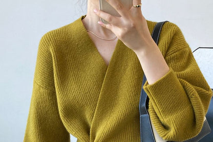 Ribbed V-Neck Tie Front Wrap Sweater