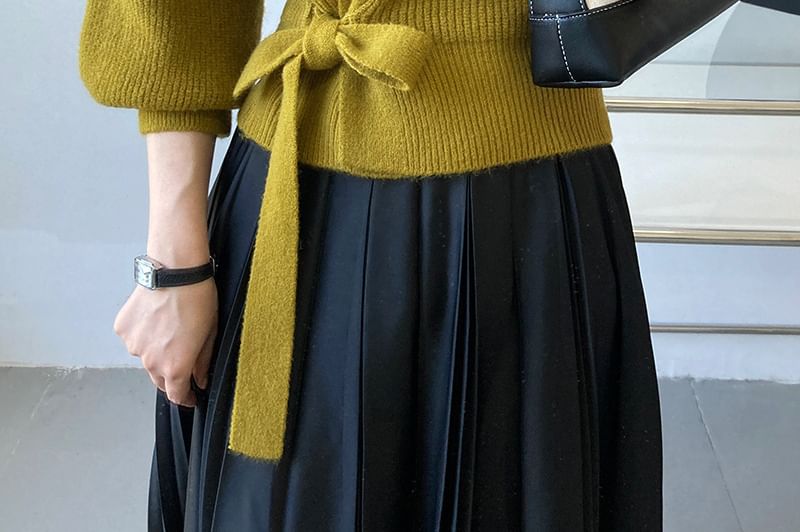 Ribbed V-Neck Tie Front Wrap Sweater