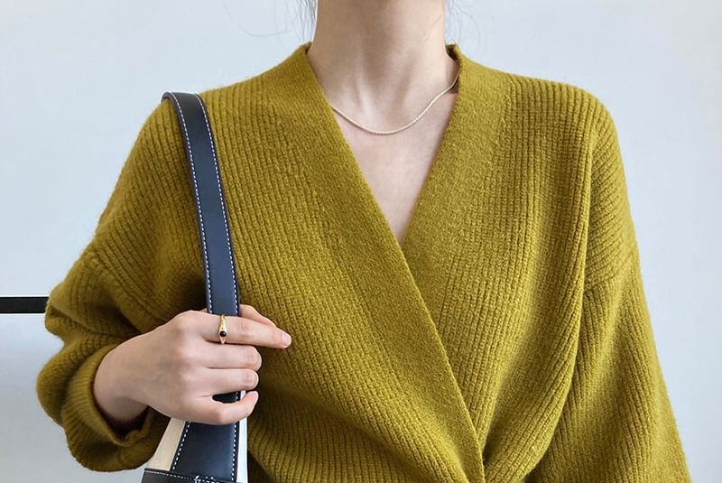 Ribbed V-Neck Tie Front Wrap Sweater