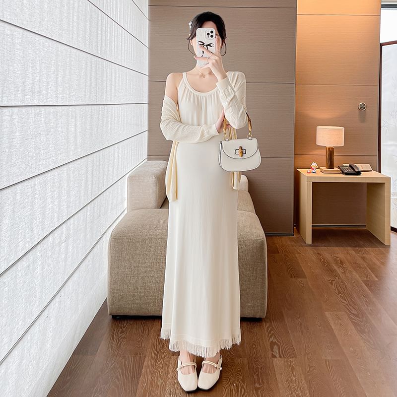 Maternity Spaghetti Strap Scoop Neck Fringed Midi Dress and Pointelle Cardigan Set
