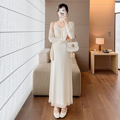 Maternity Spaghetti Strap Scoop Neck Fringed Midi Dress and Pointelle Cardigan Set