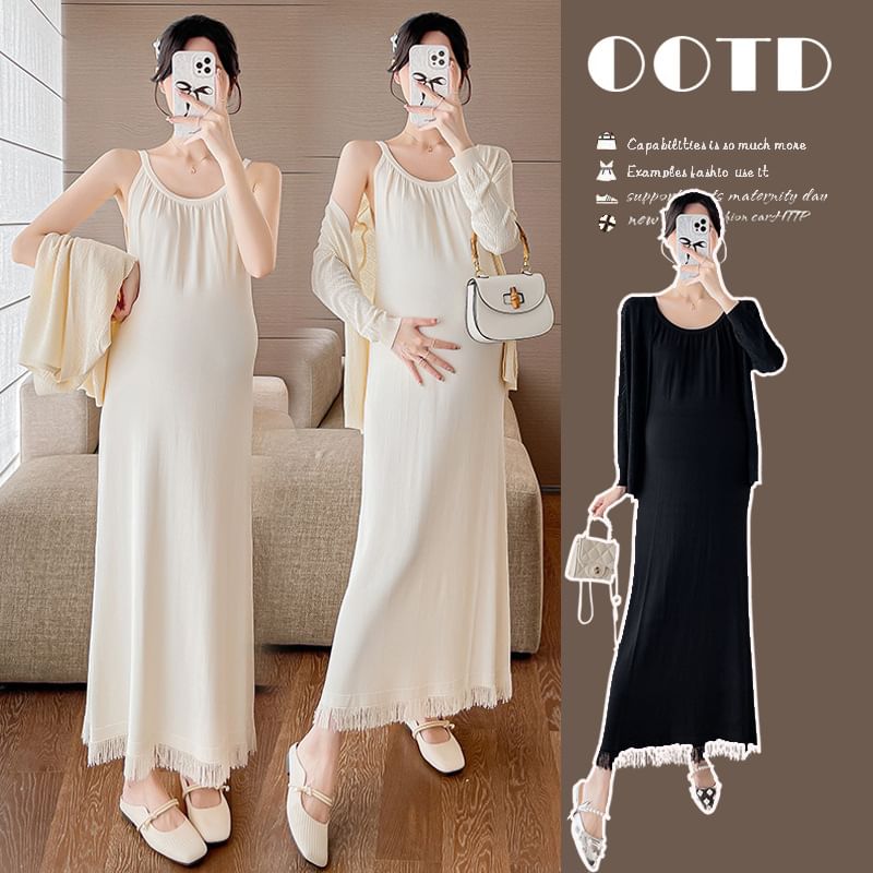 Maternity Spaghetti Strap Scoop Neck Fringed Midi Dress and Pointelle Cardigan Set