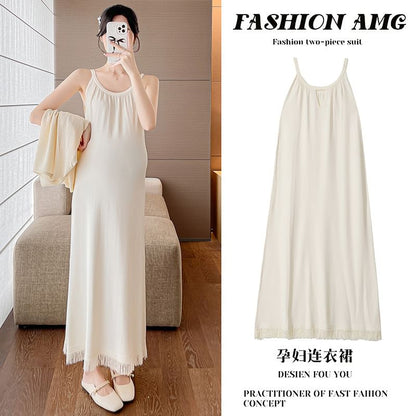 Maternity Spaghetti Strap Scoop Neck Fringed Midi Dress and Pointelle Cardigan Set