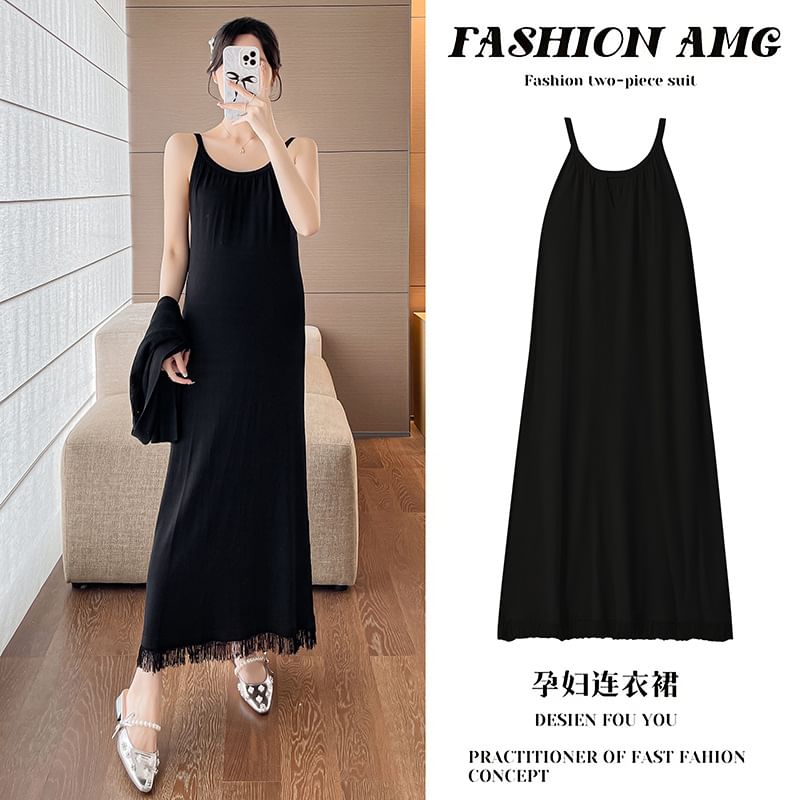 Maternity Spaghetti Strap Scoop Neck Fringed Midi Dress and Pointelle Cardigan Set