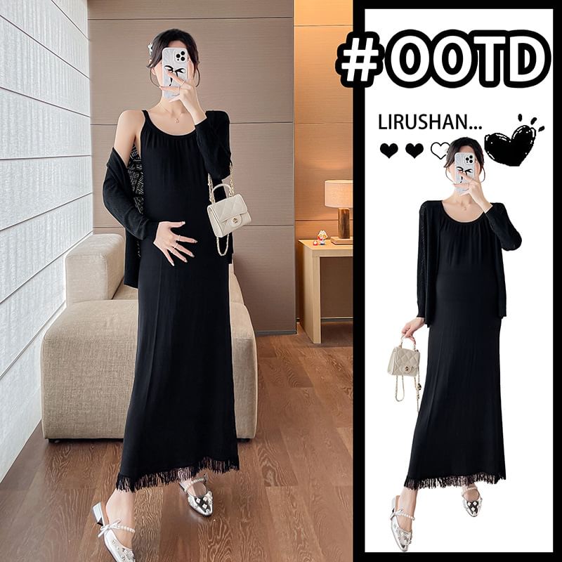 Maternity Spaghetti Strap Scoop Neck Fringed Midi Dress and Pointelle Cardigan Set
