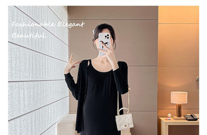 Maternity Spaghetti Strap Scoop Neck Fringed Midi Dress and Pointelle Cardigan Set