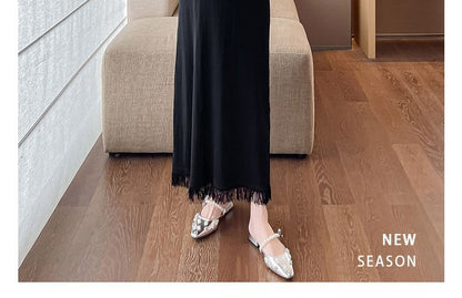 Maternity Spaghetti Strap Scoop Neck Fringed Midi Dress and Pointelle Cardigan Set