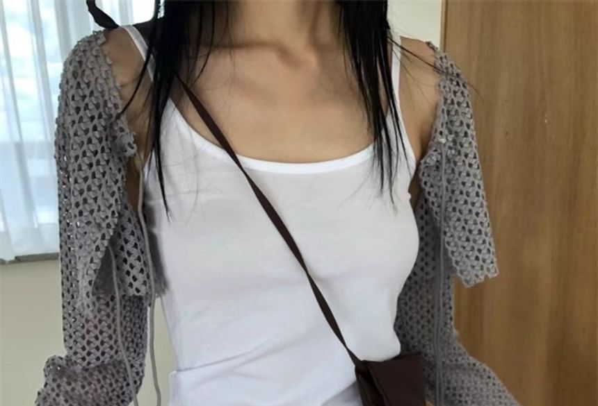 Crew Neck Perforated Tie Front Crop Cardigan