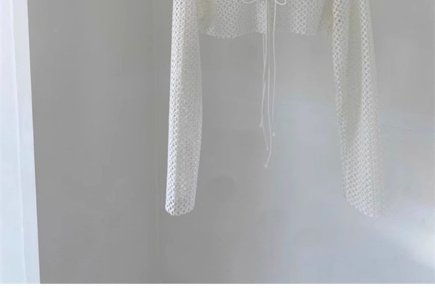 Crew Neck Perforated Tie Front Crop Cardigan