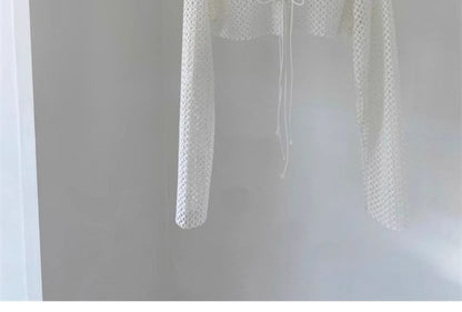 Crew Neck Perforated Tie Front Crop Cardigan
