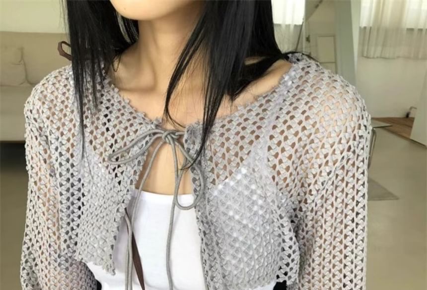 Crew Neck Perforated Tie Front Crop Cardigan