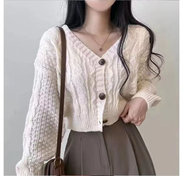 Cable-Knit Cropped V-Neck Cardigan