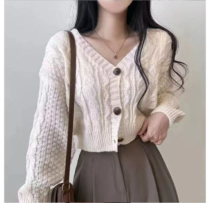 Cable-Knit Cropped V-Neck Cardigan