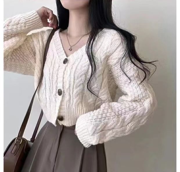Cable-Knit Cropped V-Neck Cardigan
