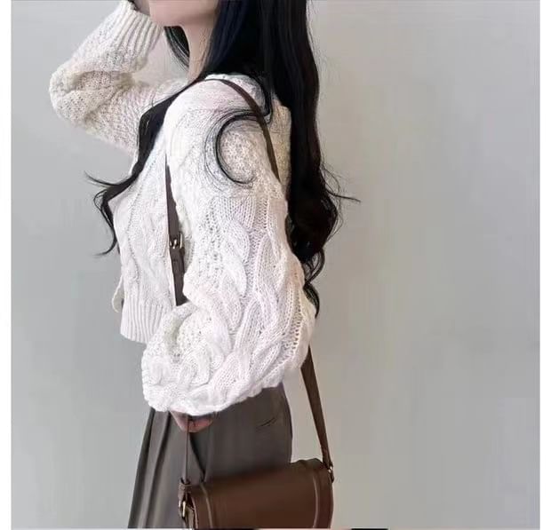 Cable-Knit Cropped V-Neck Cardigan