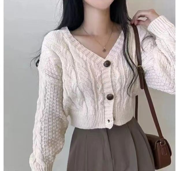 Cable-Knit Cropped V-Neck Cardigan