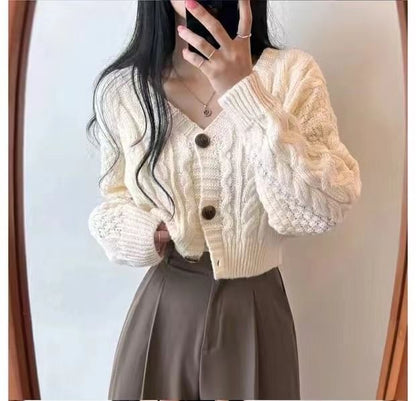 Cable-Knit Cropped V-Neck Cardigan